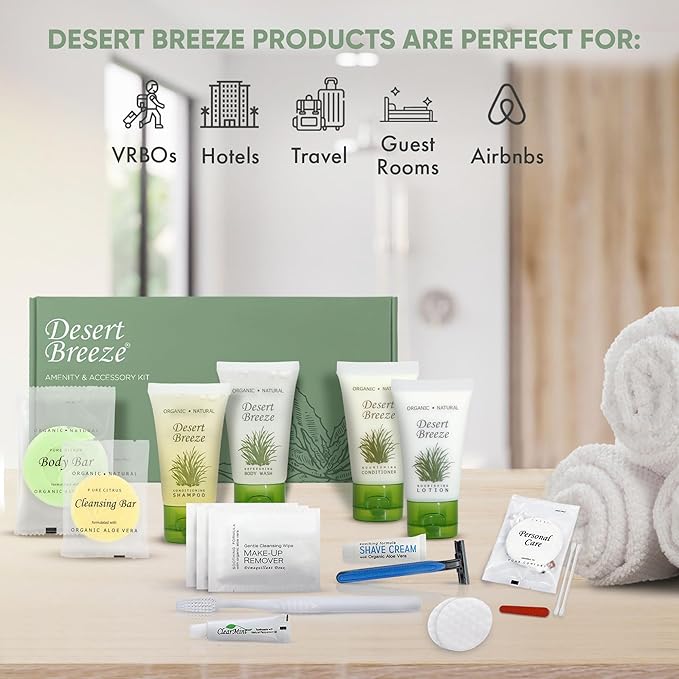 Desert Breeze Amenity & Accessory Kit | 1 oz Travel Size Shampoo, Conditioner, Lotion, Body Wash, Body Bar, Cleansing Bar, Shave & Dental Sets, Make-Up Remover Wipes, & Vanity Kit | 15 sets per case-Velvo Beauty