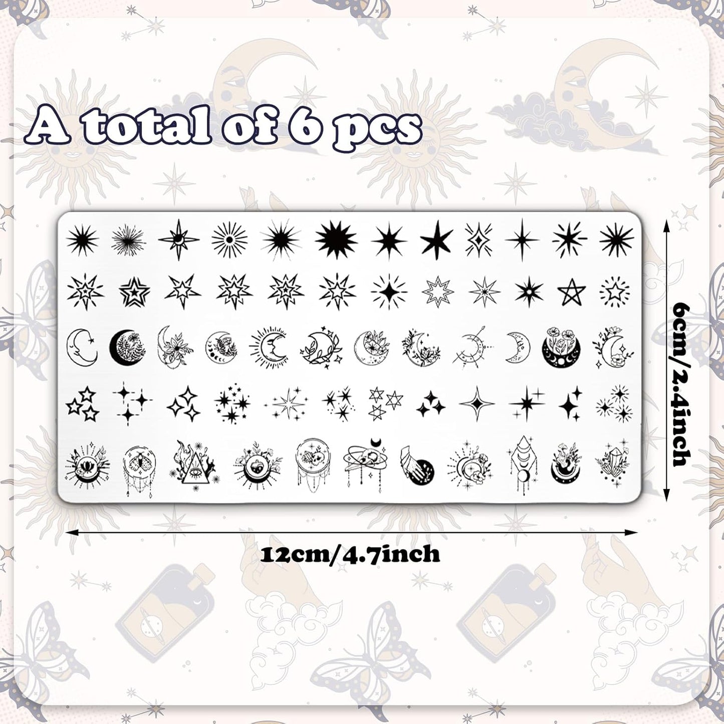 Whaline 6Pcs Sun Moon Star Nail Plates Stamping Set Groovy Stamp Templates Nail Art Plates for DIY Print Manicure Salon Design Gift Supplies-Velvo Beauty