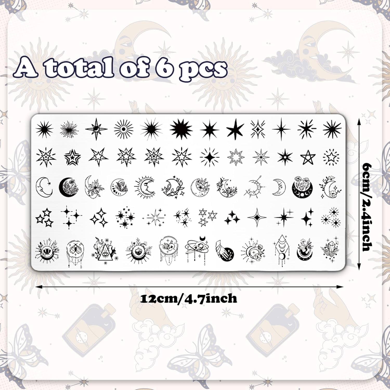 Whaline 6Pcs Sun Moon Star Nail Plates Stamping Set Groovy Stamp Templates Nail Art Plates for DIY Print Manicure Salon Design Gift Supplies-Velvo Beauty