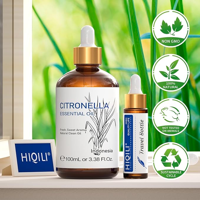 HIQILI 100ML Citronella Oil for Homemade Sprays, Add to Diffuser, 100% Pure and Natural Undiluted 3.38 Fl Oz-Velvo Beauty