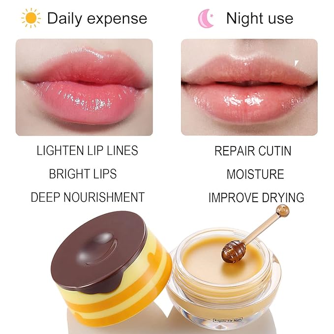 Bee Lip Balm Honey Pot, Strawberry & Honey Moisturizing Propolis Lip Mask, Hydrating & Prevention Dry and Cracked Lip Scrubs Exfoliator, Reduces Lip Lines (2Pcs Yellow)-Velvo Beauty