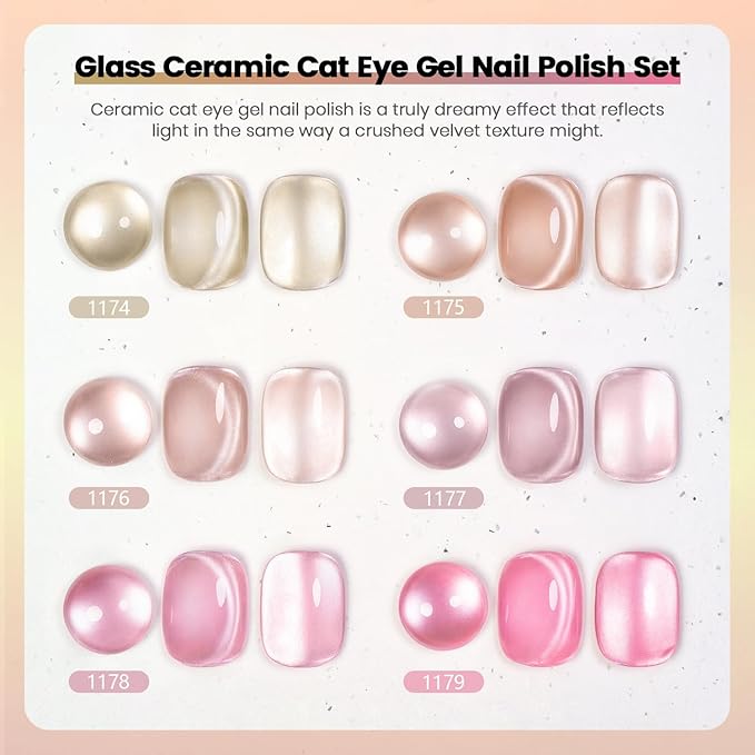 RARJSM Nude Jelly Glass Cat Eye Gel Nail Polish Set 6Pcs Champagne Gold Rose Blush Metal Pink Red Smoothie Ceramics Cateye Silver Glitter Gelpolish with Magnetic Stick UV LED Curing Require Home Salon-Velvo Beauty