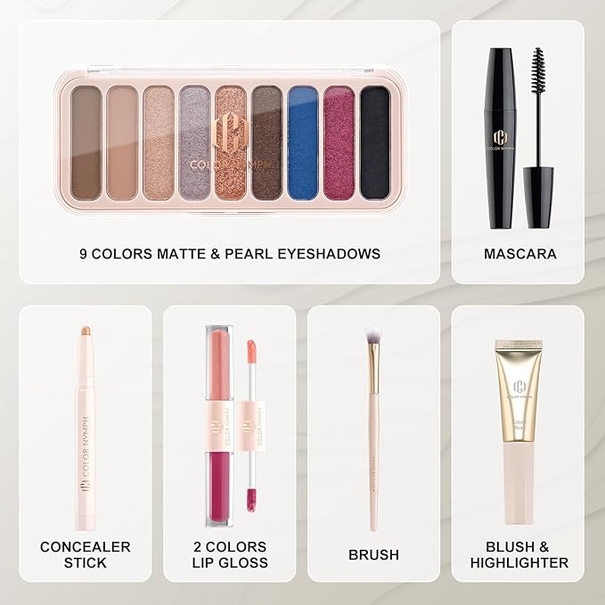 Color Nymph All In One Makeup Kit For Teens And Girls With Waterproof Handbag Makeup Kit Included 9 Colors Matte And Pearl Eyeshadow Palette Liquid Blush, Double Ended Lipgloss Concealer Brush Mascara-Velvo Beauty