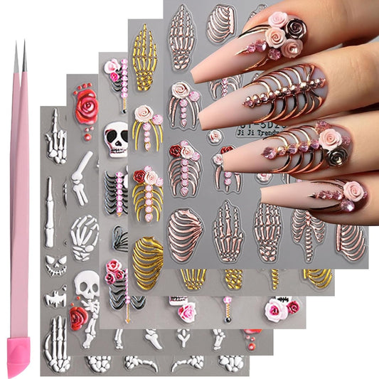 5 Sheets Halloween Nail Art Stickers Decals 5D Nail Decals Gold White Bone Pattern Sticker Self-Adhesive Skull Nails Supplies Accessories 3for Women Halloween Nails DIY Decoration-Velvo Beauty