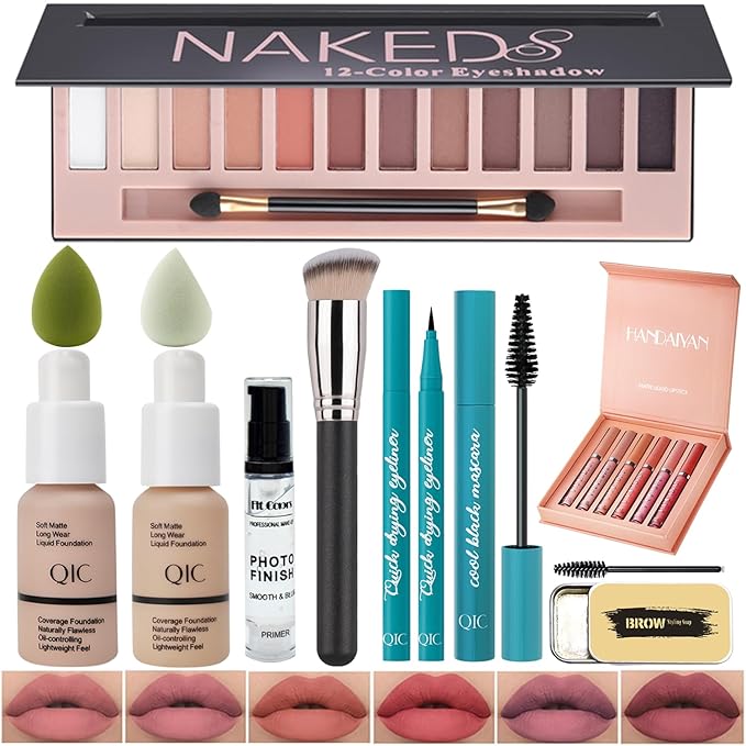 All In One Makeup Kit Full Kit,12 Colors Eyeshadow Palette,6Colors Lipstick Set,2 Full Coverage Foundation, Primer, Eyebrow Soap,Waterproof Eyeliner and Mascara (102 Nude+104 Buff Beige+Matte Shadow)-Velvo Beauty