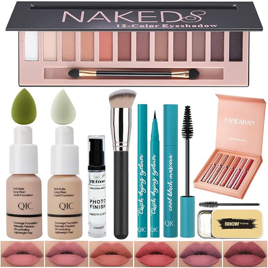 All In One Makeup Kit Full Kit,12 Colors Eyeshadow Palette,6Colors Lipstick Set,2 Full Coverage Foundation, Primer, Eyebrow Soap,Waterproof Eyeliner and Mascara (102 Nude+104 Buff Beige+Matte Shadow)-Velvo Beauty