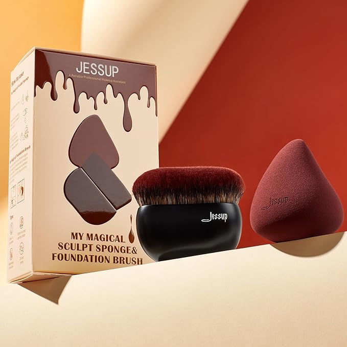 Jessup Foundation Brush with Makeup Sponge, Black Makeup Brush Flat Top Kabuki Brush for Liquid Blending Stippling, T881-Velvo Beauty
