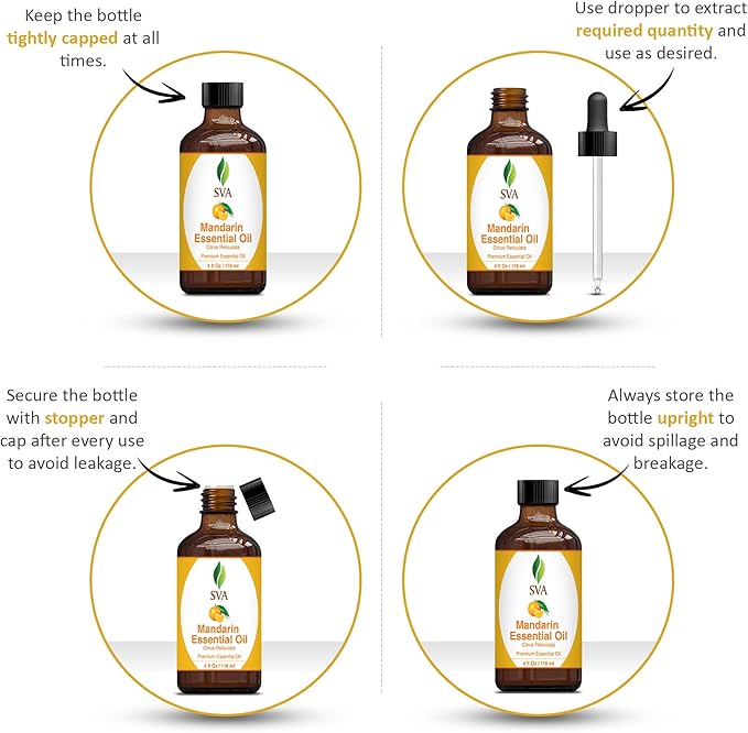 SVA Mandarin Essential Oil – 4 Fl Oz – 100% Natural Mandarin Oil - for Diffuser, Hair Care, Face, Skin Care, Aromatherapy, Scalp and Body Massage, Soap and Candle Making – with Dropper-Velvo Beauty