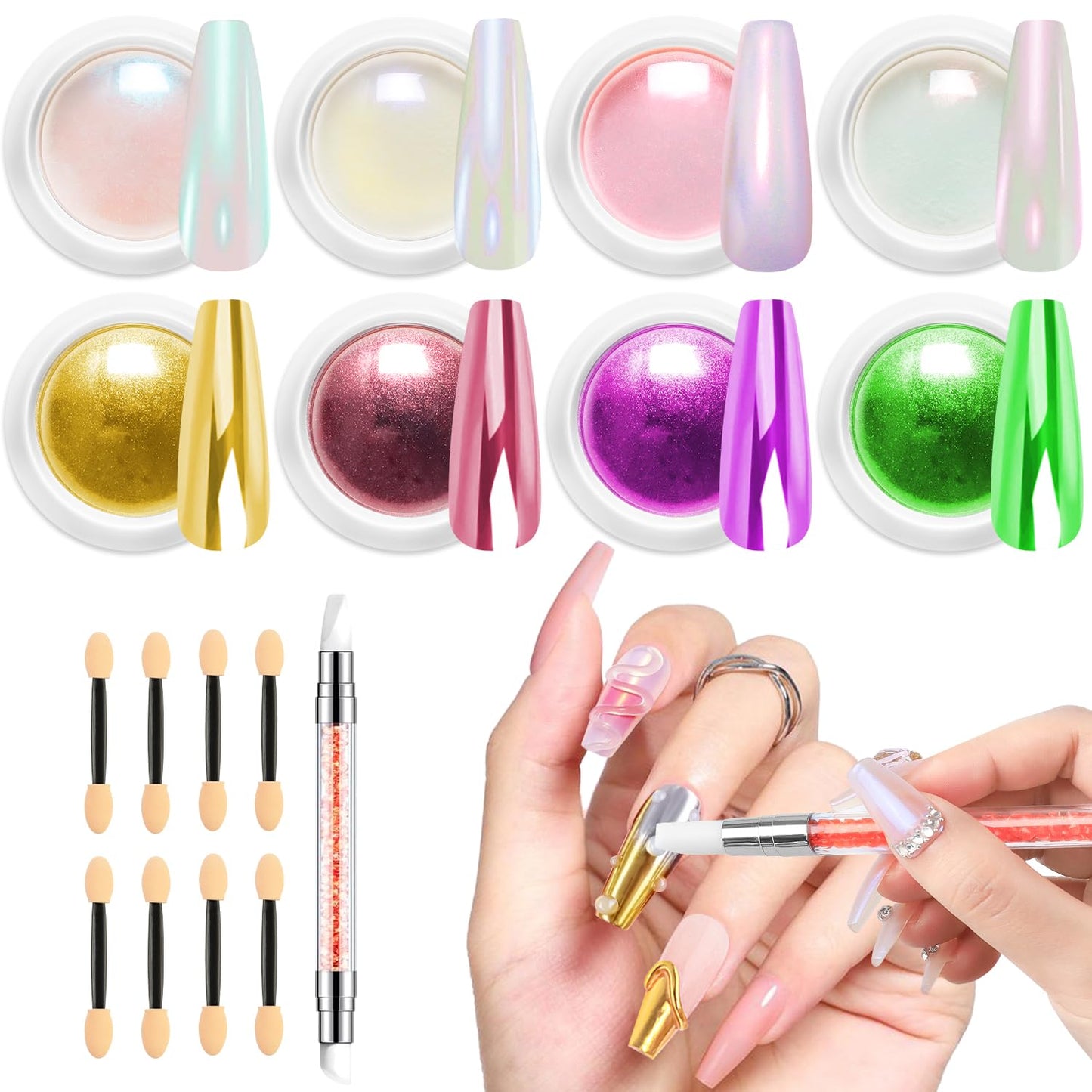 Gold Chrome Nail Powder BISHENGYF -【Fairy Effect】Pink Chrome Nail Powder White Pearl Aurora Mermaid Iridescent Rose Gold Red Nail Chrome Powder Metallic Mirror Glitter Pigment Dust for Nail Art DIY-Velvo Beauty