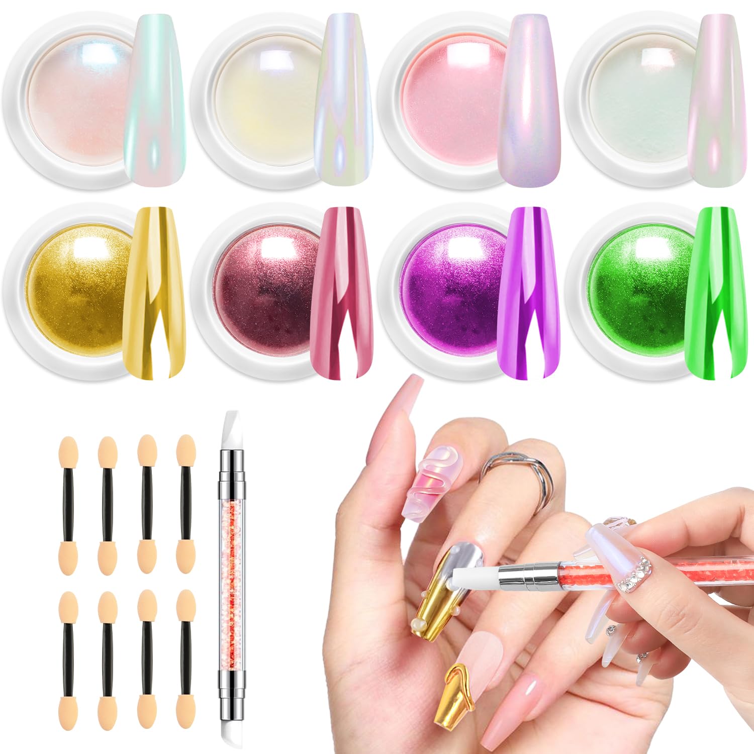 Gold Chrome Nail Powder BISHENGYF -【Fairy Effect】Pink Chrome Nail Powder White Pearl Aurora Mermaid Iridescent Rose Gold Red Nail Chrome Powder Metallic Mirror Glitter Pigment Dust for Nail Art DIY-Velvo Beauty