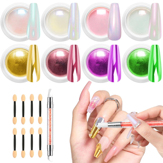 Gold Chrome Nail Powder BISHENGYF -【Fairy Effect】Pink Chrome Nail Powder White Pearl Aurora Mermaid Iridescent Rose Gold Red Nail Chrome Powder Metallic Mirror Glitter Pigment Dust for Nail Art DIY-Velvo Beauty