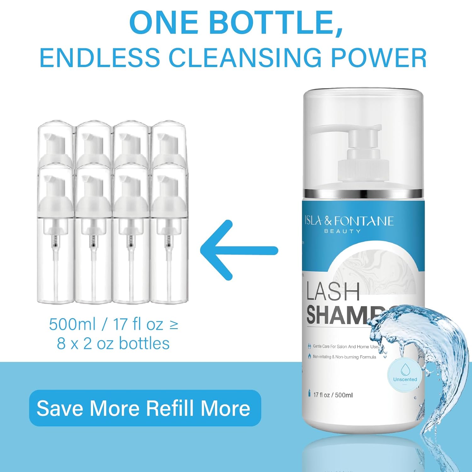 Isla & Fontane Lash Shampoo Bulk – Multi-Scent Series – 17 fl oz / 500ml | Gentle Eyelash Cleanser for Lash Extensions | Non-Irritating | Professional Lash Bath Foam For Salon And Home Use (Unscented)-Velvo Beauty