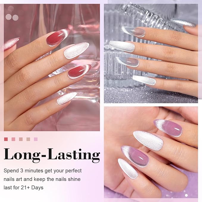 RARJSM Cat Eye Gel Nail Polish Set 6 Pcs Magnetic Sparkle Diamond Glitter Nude Pink Light Purple Red Silver Sheer Pink Velvet Ice Jelly Gel Polish with Magnet Stick UV LED Curing Requires Soak Off-Velvo Beauty