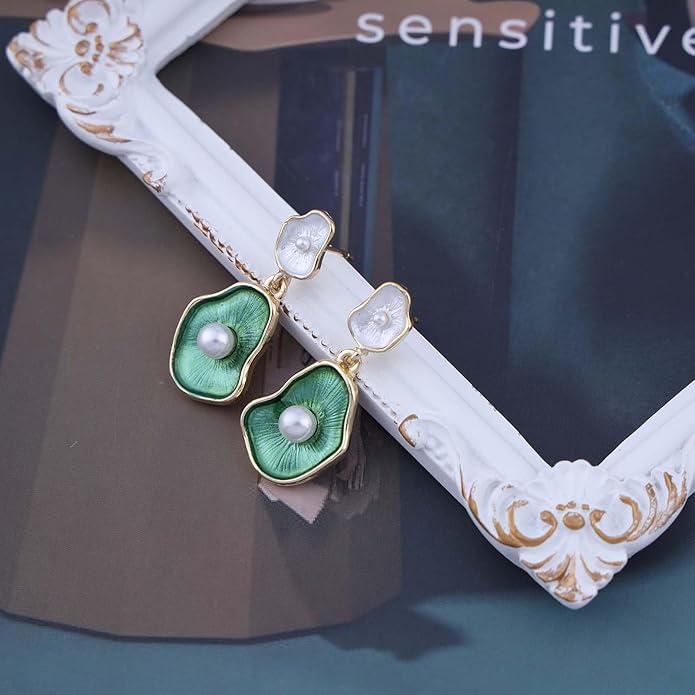 Vintage Lotus leaf Pearl Drop Earrings Green Lotus Leaf Earrings Green Enamel Flower Earrings Gold Irregular Pearl Earrings Jewelry for Women-Velvo Beauty
