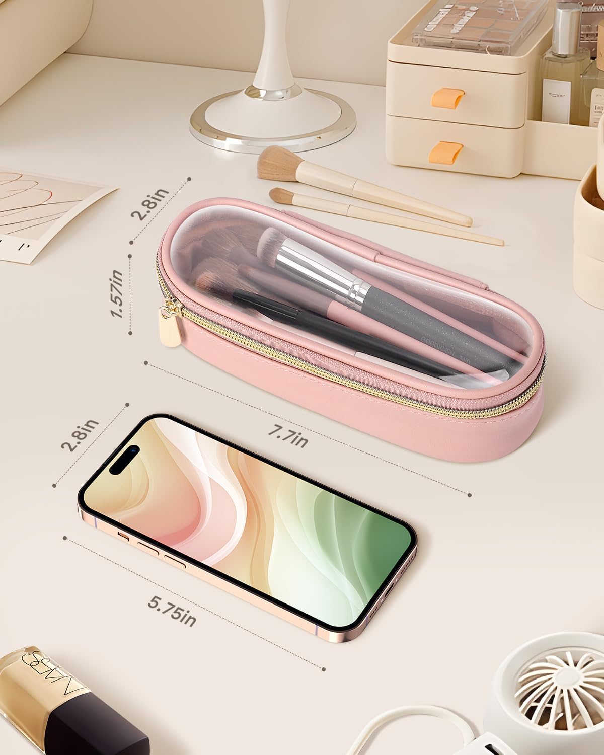 Clear Travel Makeup Brush Holder, Leather Makeup Brush Toiletry Bag, Portable Cosmetic Brush Case, Transparent Waterproof Makeup Brush Storage Bag, Pink-Velvo Beauty