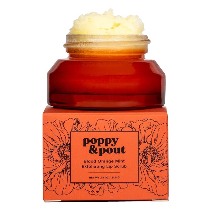 Poppy & Pout Natural Lip Scrub, Moisturizing Sugar Scrub for Dry Lips, Lip Scrubber Exfoliator with Essential Oils Smooths and Hydrates Lips, In Recyclable Glass Jars, Cruelty Free - Blood Orange Mint-Velvo Beauty