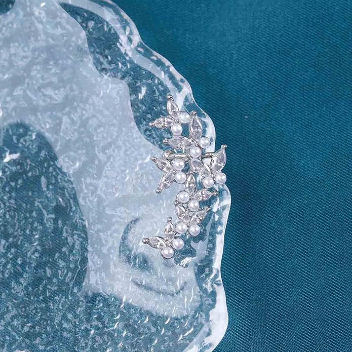 Vintage Crystal Pearl Ear Cuff Earrings Rhinestone Butterfly Cuff Wrap Earrings Cz Butterfly Ear Climber Cuff Earrings Silver Pearl Cz Non Piercing Earring Jewelry for Women(Left)-Velvo Beauty