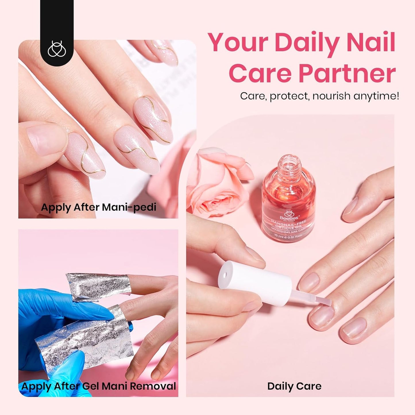 Beetles Cuticle Oil for Nail & Cuticle Care, 15ml Natural Rose Smell Oil with Vitamin E Nourish Condition Dry Stronger Nails SPA & Hand Manicure DIY Salon Needs Gifts for Her Women-Velvo Beauty