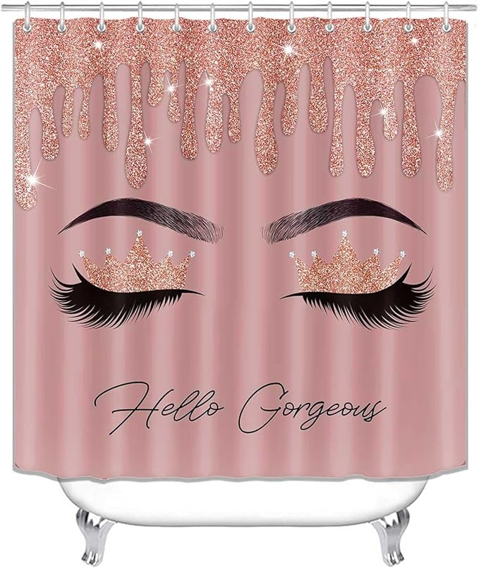 4PCS Hello Gorgeous Shower Curtain Set, Rose Gold Glitter Drip Bling Glam Diamond Crown Princess Unicorn Eyelash Girls Pink Bathroom Decor, Waterproof Fabric Shower Curtain Bath Mat Toilet Rug-Velvo Beauty
