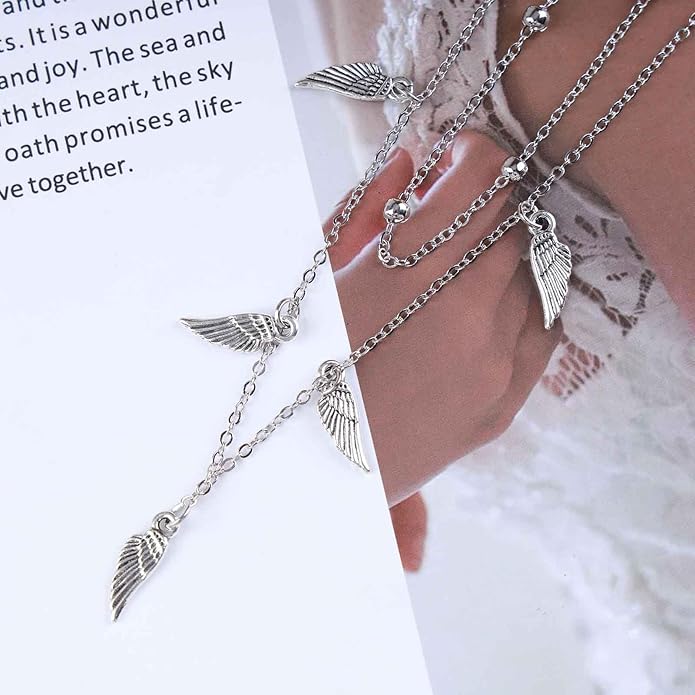 Vintage Layered Wing Dangle Necklace Angel Wing Pendant Necklace Tiny Wing Choker Necklace Silver Angel Wing Necklace Jewelry for Women-Velvo Beauty