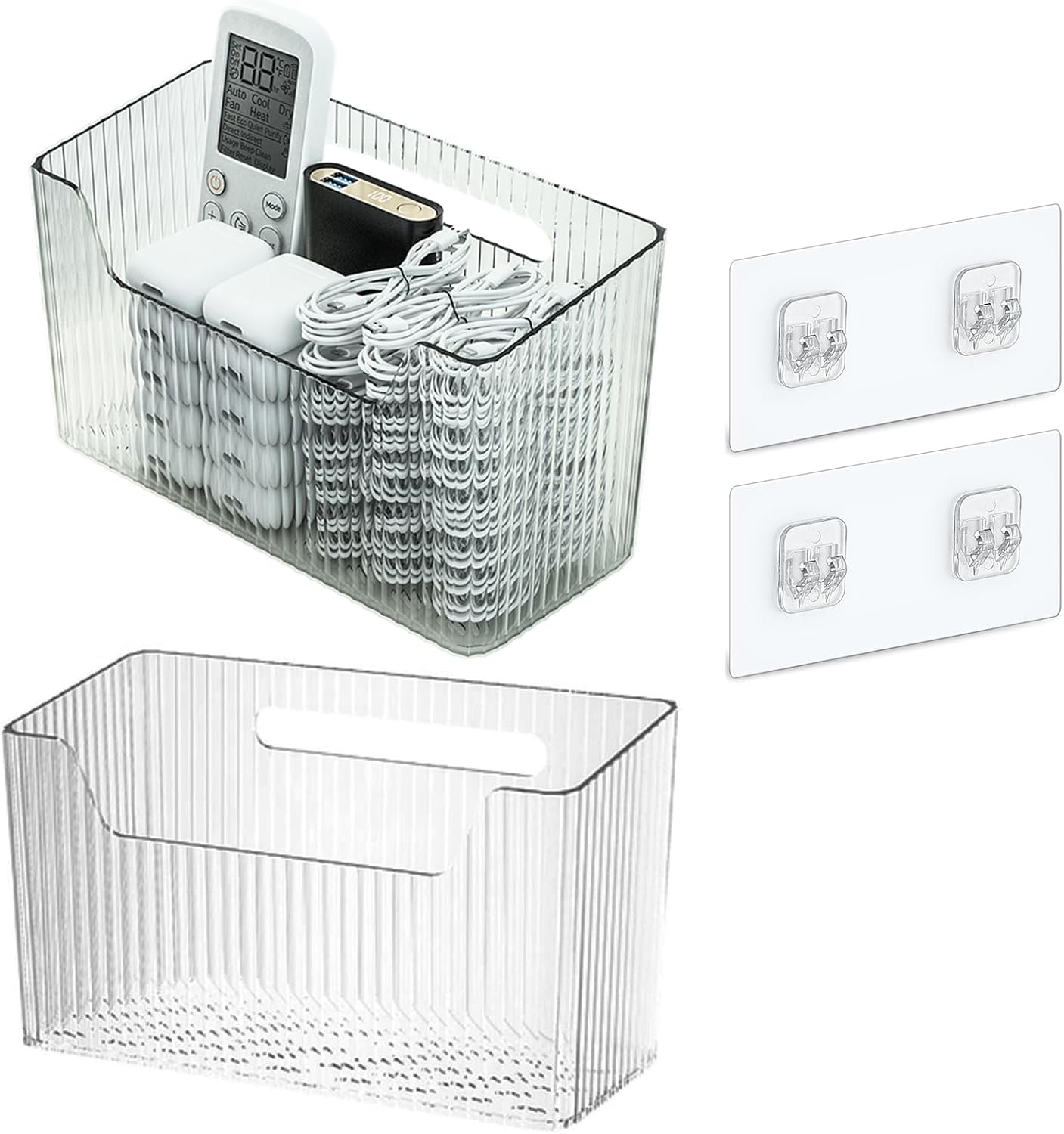 Set Of 2 Storage Organizer Bins Wall Mounted Shower Basket, Shower Caddy Stackable Clear Plastic Makeup Organizer Adhesive Hanging Bin for Bathroom, Kitchen, Cabinet, Pantry, BPA Free, Clear-Velvo Beauty