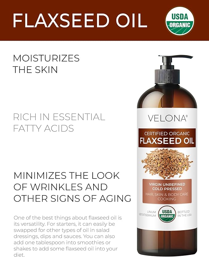 velona USDA Certified Organic Flaxseed Oil - 16 Fl Oz | 100% Pure and Natural Carrier Oil | Unrefined, Cold Pressed |Body, Face & Skin Care | Use Today - Enjoy Results…-Velvo Beauty