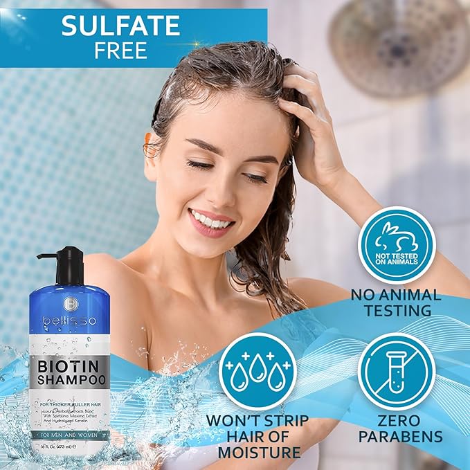 Biotin Shampoo for Thicker Stronger Hair - Volumizing & Thickening Shampoo for Men and Women - Sulfate Free, Salon Grade Formula to Boost Volume for Fine and Thinning Hair - Ideal for All Hair Types-Velvo Beauty