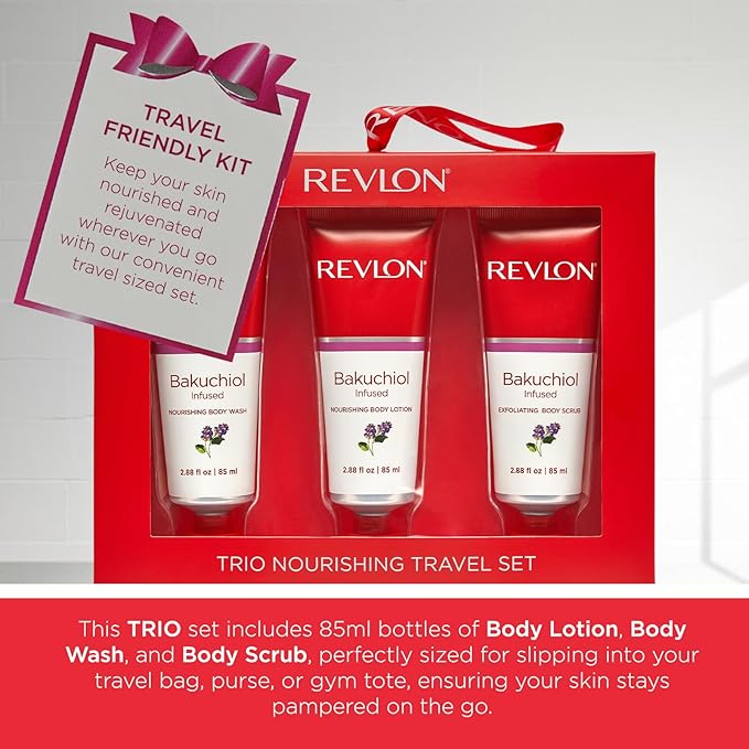 REVLON Get Carried Away Trio Nourishing Travel Set, Bakuchiol Infused, Nourishing Body Wash, Body Lotion, Exfoliating Body Scrub, 3 Count (2.88 fl oz)-Velvo Beauty