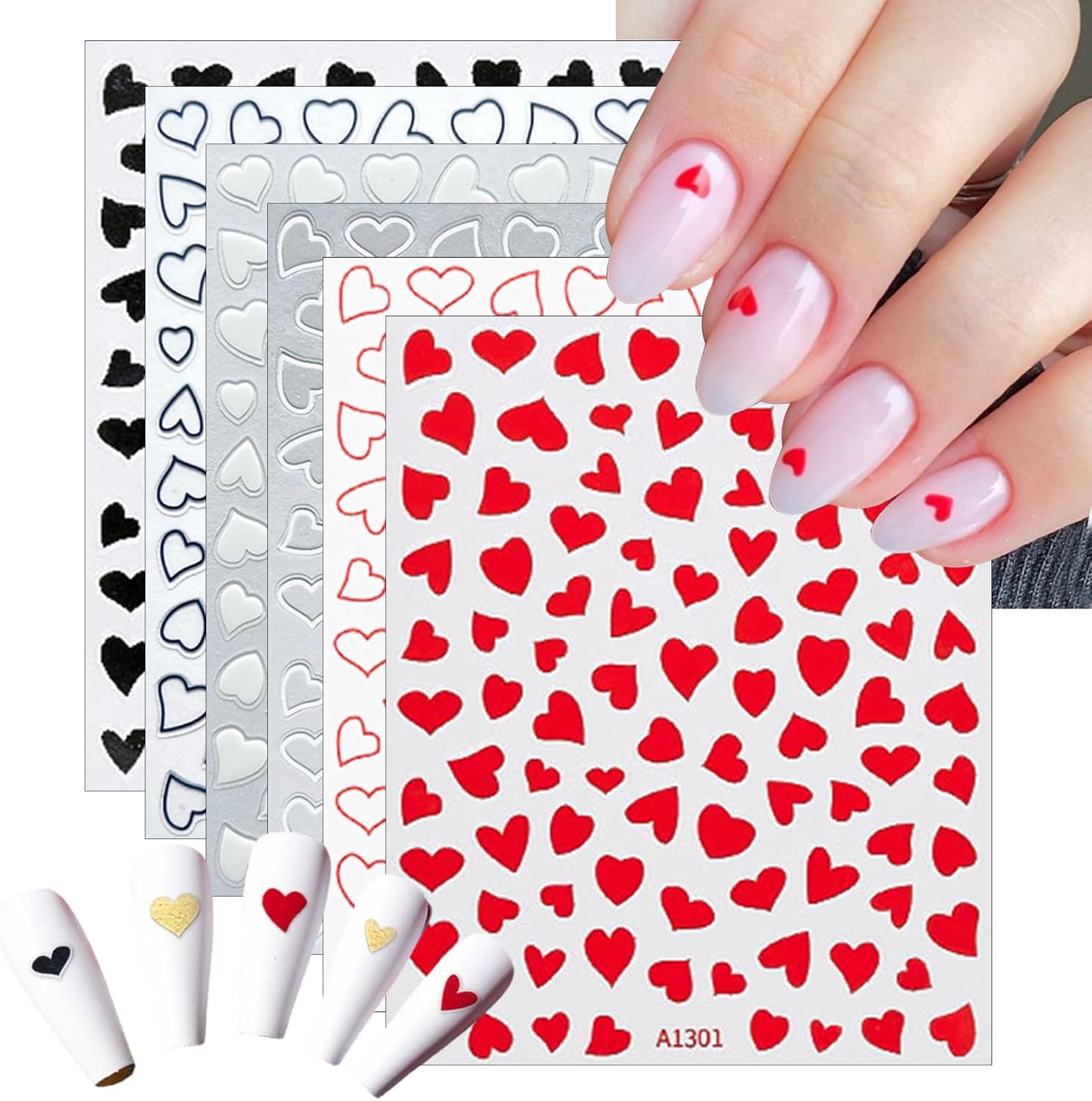 6 Sheets Valentine's Day Heart Nail Art Stickers Decals 3D Self-Adhesive Nail Decals Cute Red and Black Hollow Out Heart Nail Supplies for Women and Girls Valentines DIY Manicure Decorations-Velvo Beauty