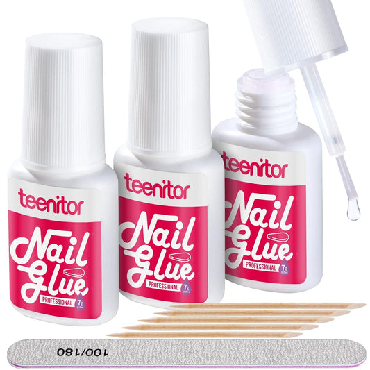 Teenitor Nail Glue for Press Ons, 3 Pack Best Nail Glue for Gel Tips with Nail Files, Super Strong Nail Glue for Broken Nail Brush on Nail Glue for Press on Nails-Velvo Beauty