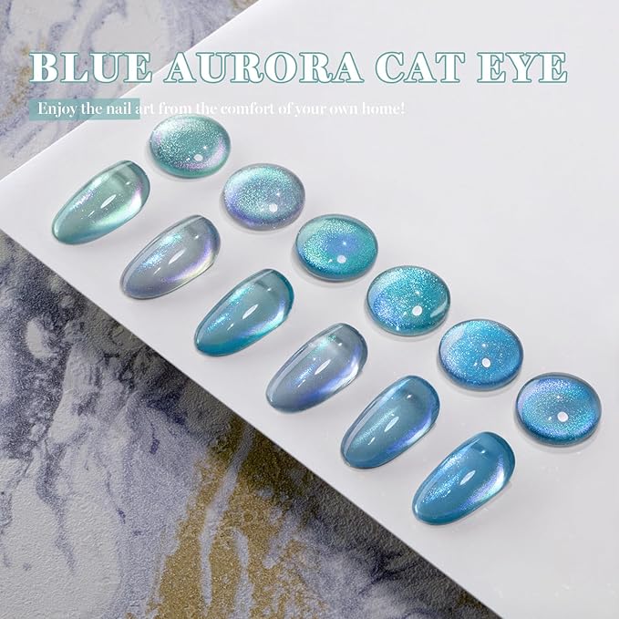 RARJSM Blue Cat Eye Gel Nail Polish Set 6pcs Reflective Diamond Glitter Clear Light Gray Sea Blue Green Tone Glass Cateye Gelpolish with Magnet Stick 7.5ml Curing Requires Soak Off for Home Salon-Velvo Beauty