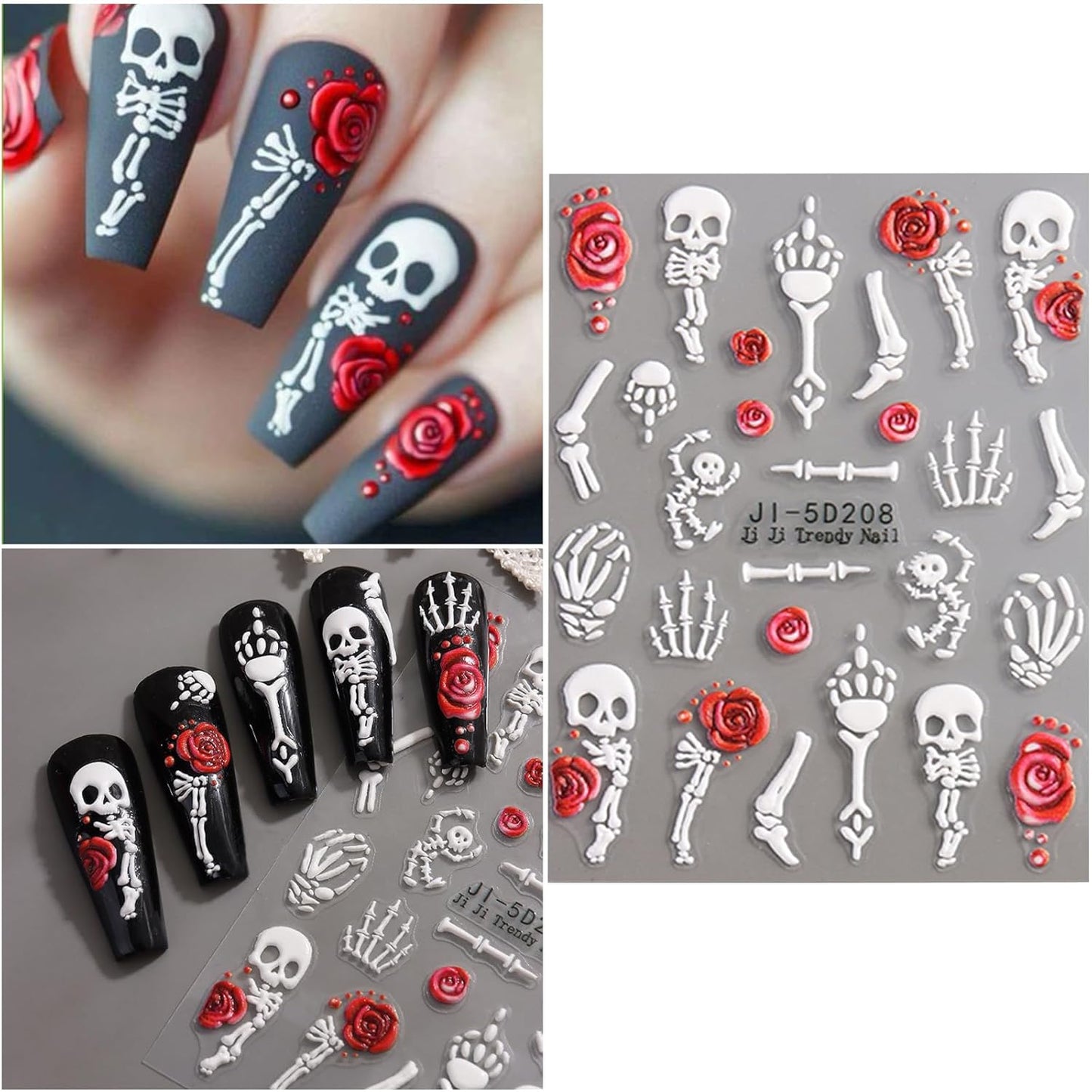 5 Sheets Halloween Nail Art Stickers Decals 5D Nail Decals Gold White Bone Pattern Sticker Self-Adhesive Skull Nails Supplies Accessories 3for Women Halloween Nails DIY Decoration-Velvo Beauty