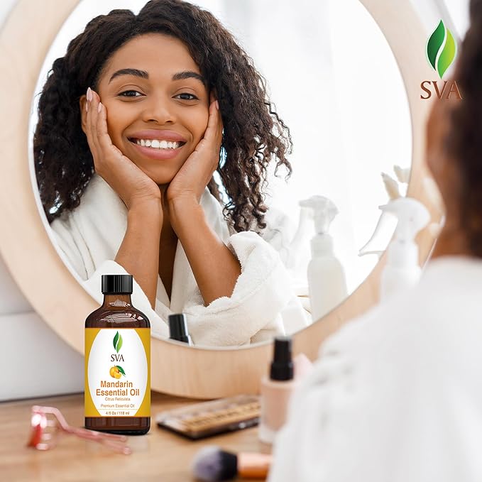 SVA Mandarin Essential Oil – 4 Fl Oz – 100% Natural Mandarin Oil - for Diffuser, Hair Care, Face, Skin Care, Aromatherapy, Scalp and Body Massage, Soap and Candle Making – with Dropper-Velvo Beauty