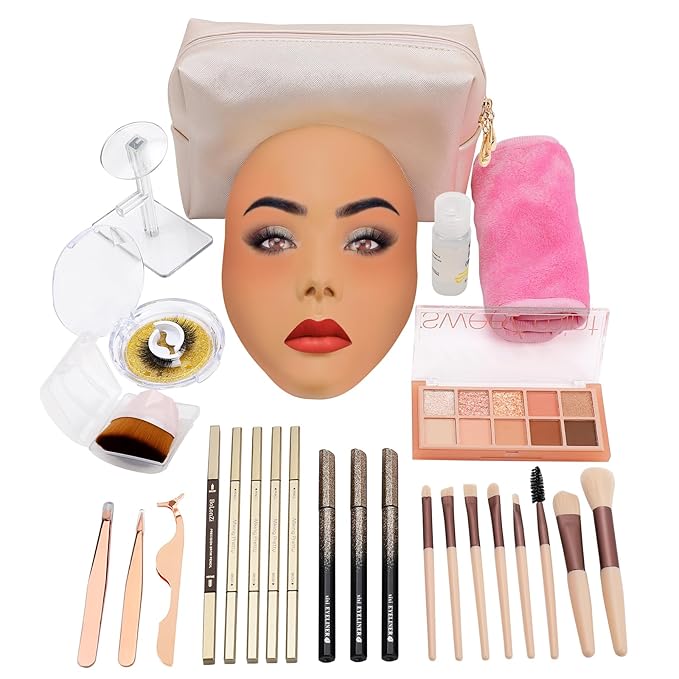 3D Makeup Practice Face Board,Reusable Silicone Makeup Practice Face/Makeup Mannequin Face,with Makeup Brushes Set&Dual head Eyebrow Pencils&a Pair of Eyelashes&a Makeup Bag&makeup remover towel-Velvo Beauty