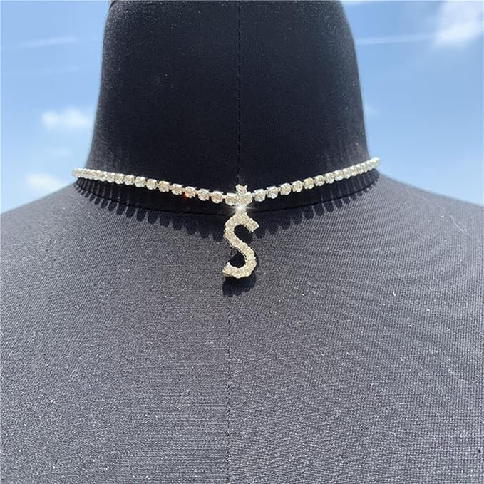 Silver Choker Necklace Rhinestones Shinning Letter M Fashion Letter A Sparkly Letter S Jewelry for Women Girls-Velvo Beauty