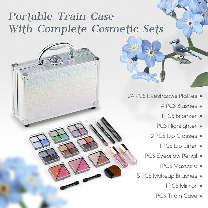 Color Nymph Beginner Makeup Kits For Teens With Train Case Included Full Makeup Kit Eyeshadow Palette Blushes Bronzer Highlighter Lipstick Brushes Mirror (White)-Velvo Beauty
