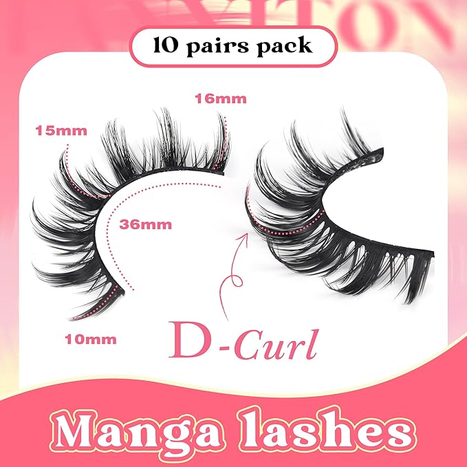 False Eyelashes Manga Lashes 10 Pairs False Eyelashes Japanese Style D Anime Lashes Natural Cosplay Lashes Natural Look 15 MM Wispy Faux Mink Lashes Full Strip Doll Lashes by FANXITON-Velvo Beauty