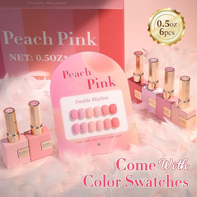 Double Rhythm 6 Pcs 15 ML Gel Polish Set Same Color Same Bottle Soak Off Gel Polish Kit Nail Art Manicure Salon DIY at Home for Women (Light Pale Peach Pink Orange Rose-T6-19)-Velvo Beauty