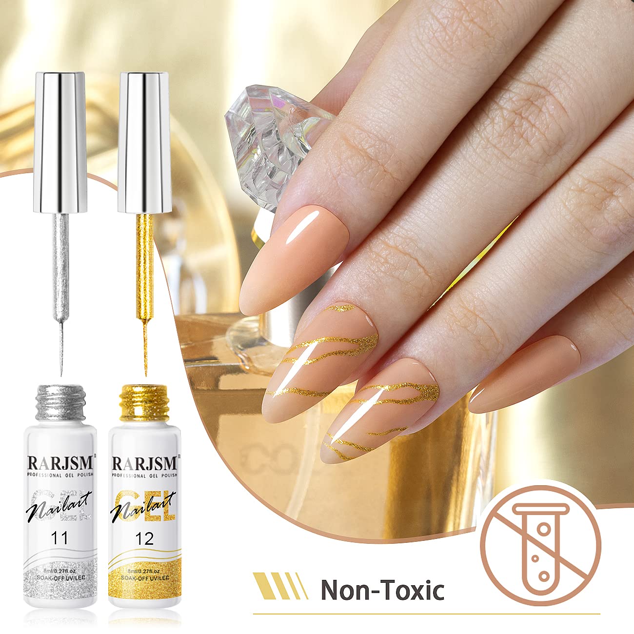 RARJSM Gel Liner Nail Art Silver Gold Glitter Nail Design Polish Painted Gel Nail Polish Set 2Pcs Soak off Curing Requires 8ml Build in Thin Brush for Home Salon Diy Nail Decoration Dotting Painting-Velvo Beauty