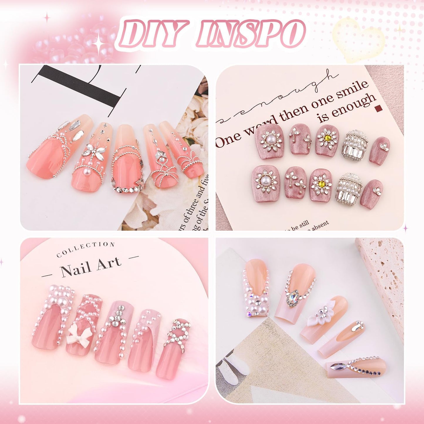 Flatback Pearls (White) and Metal Nail Beads and Glass Rhinestones with Rhinestones Glue Gel for Nail Art, Pearl Nail Charms and Round Caviar Beads Multi Shapes Crystals Gems for Manicure Decor-Velvo Beauty