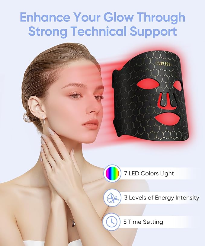 Led Face Mask Light Therapy, Red Light Therapy for Face, 7-1 Colors LED Facial Skin Care Mask, Black-Velvo Beauty