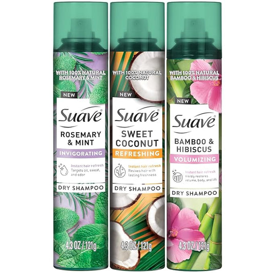 Suave+ Dry Shampoo Spray Variety 3-Pack – Invigorating Rosemary & Mint, Volumizing Bamboo & Hibiscus + Refreshing Sweet Coconut, 4.3 Oz Ea-Velvo Beauty
