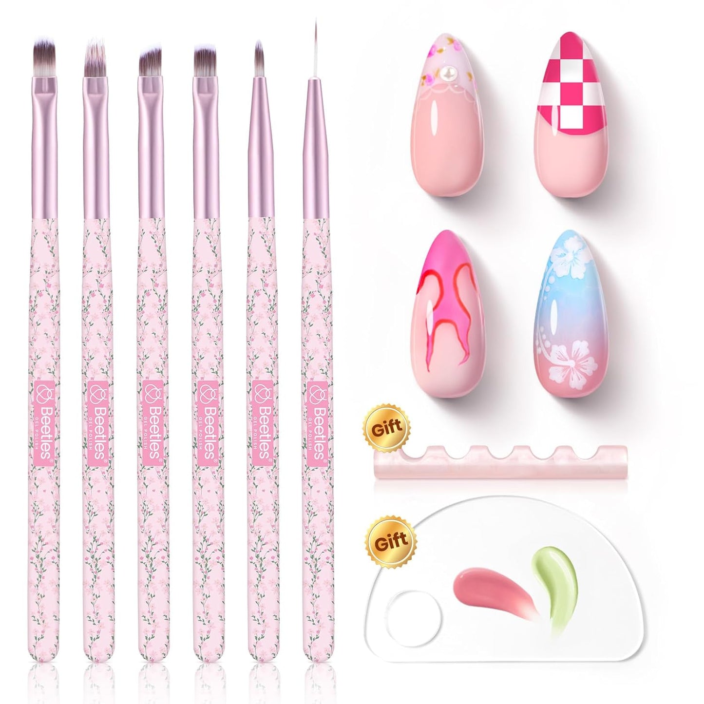 Beetles Gel Polish Nail Art Brushes Set - 6 Pcs Fingernail Art Design Pen, Floral Pattern Handle, Gradient Bristles Nail Brush Set DIY with Palette Dotting Manicure Tool Kit-Velvo Beauty