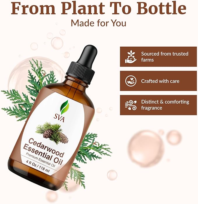 SVA Cedarwood Essential Oil – 4 Fl Oz – 100% Natural Cedar Cupressus Funebris Oil - for Diffuser, Hair Care, Face, Skin Care, Aromatherapy, Scalp and Body Massage, Soap and Candles - with Dropper-Velvo Beauty