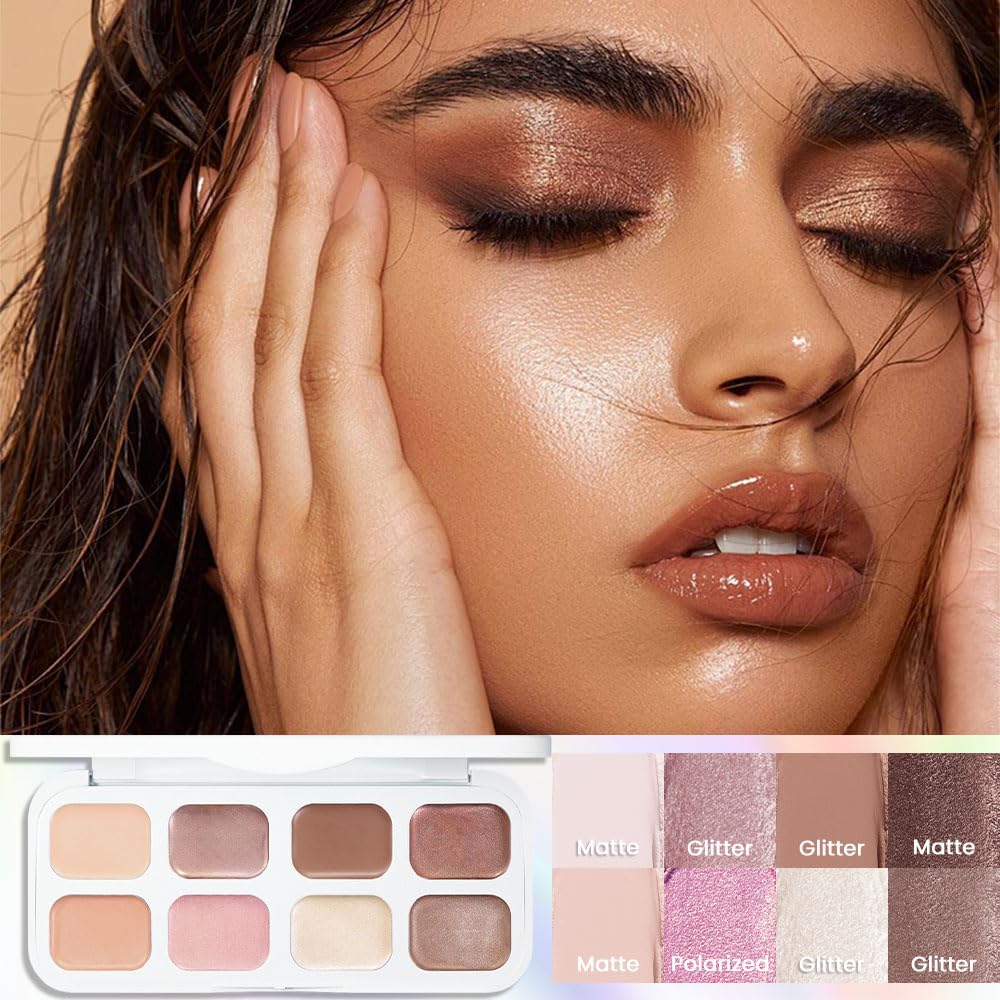 Kaely 8 Colors Cream Eyeshadow Contour Highlighter Palette Makeup, Nude Rose Pink Chocolate Coffee Beige Brown Matte Shimmer Glitter Highly Pigmented Eye Shadow Palette for Older Women Waterproof-Velvo Beauty