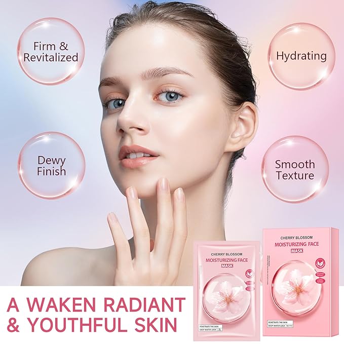 5 Pack Sheets Face Masks Skincare For All Skin Types, Cherry Facial Sheet Masks, Hydrating Facial Sheets Mask for Firming, Sheet Mask with Cherry Blossom Face Mask for Glowing Skin-Velvo Beauty