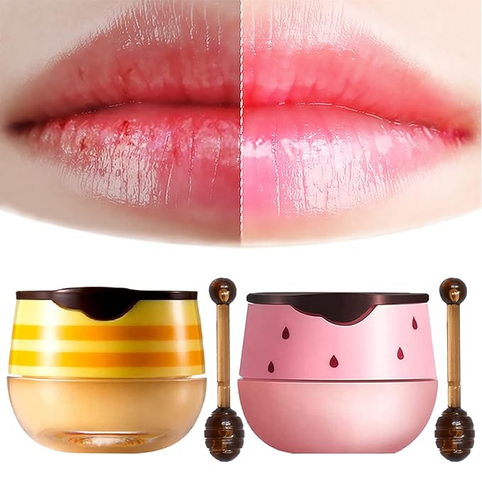 2PCS Lip Balm Honey Pot, Honey Pot Lip Balm for Dry Cracked Lips, Strawberry Lip Balm Scrubs Exfoliator & Moisturizer, Hydrating Lip Balm Honey Pot with Wand, Lip Sleeping Mask (C)-Velvo Beauty