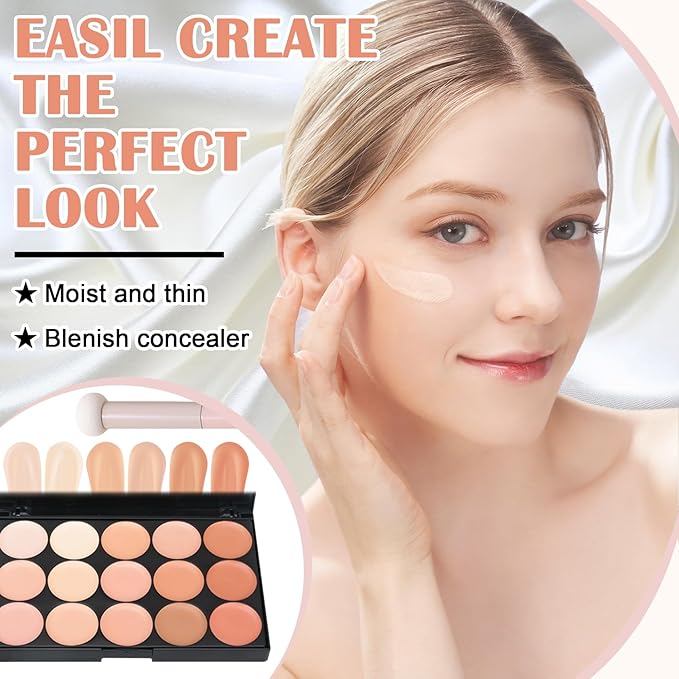 15 Colors Correcting Concealer Contour Palette,Cream Contour Makeup Palette with Brush,Contouring Liquid Foundation Concealer Palette Highlighting Makeup Kit for Conceals Dark Circles,Blemish-Velvo Beauty
