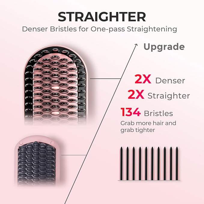 TYMO Hair Straightener Brush - Upgraded Ionic Plus Straightening Brush with Dense Bristles, 16 Temps, Dual Voltage | Ceramic Hot Comb for Women | Flat Iron for Thick Curly Hair, Pink-Velvo Beauty