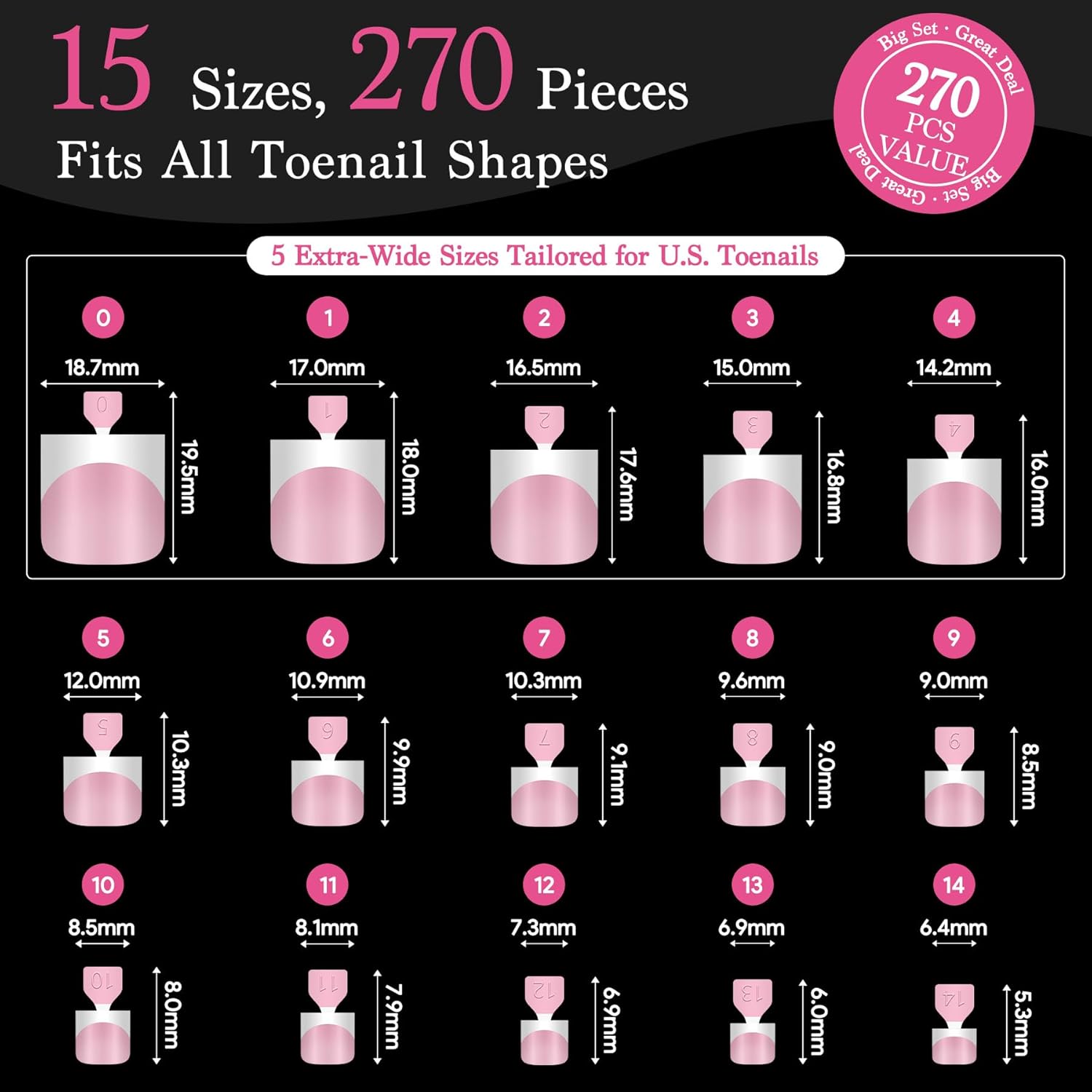 Press On Toenails for Women French Tips, Sharp Square Pre-applied Primer & Base Coat Toe Nail Press Ons Baby Pink Full Cover Fake Tips Extension 15 Sizes 270 Pcs, Builder Nail Gel & Top Coat Required-Velvo Beauty